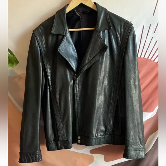 Mens Overland Sheepskin Green Moto Leather Bomber Jacket Size 40 - Picture 1 of 15